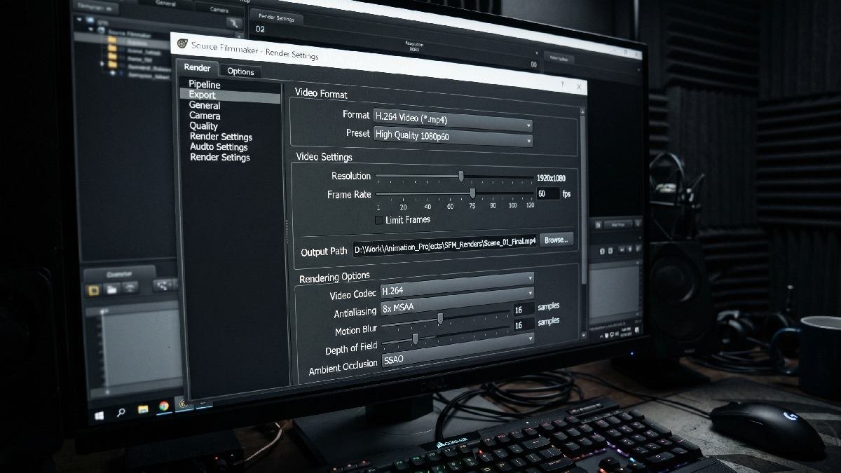 Source Filmmaker compile settings panel on screen showing resolution, frame rate and output format configuration options.