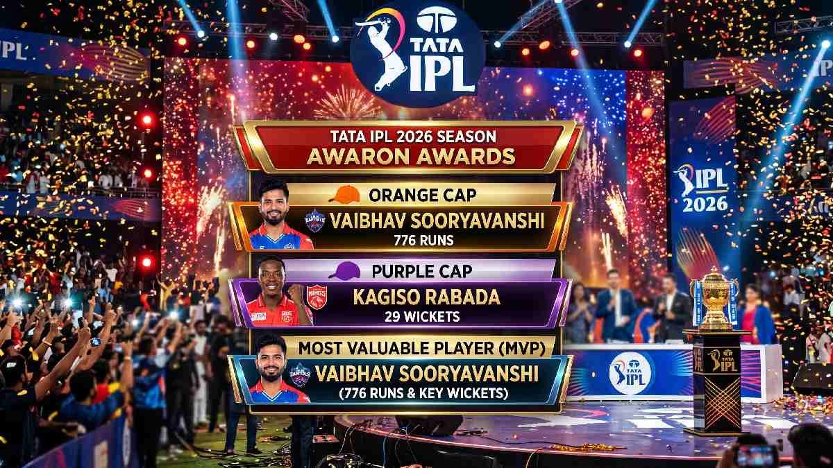  IPL 2026 season awards table showing Vaibhav Sooryavanshi winning Orange Cap MVP and records with Kagiso Rabada winning Purple Cap.