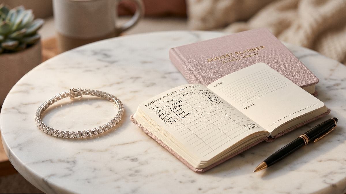  Diamond bracelet beside budget planner notebook on white marble showing smart financial planning before buying diamond jewelry. 
