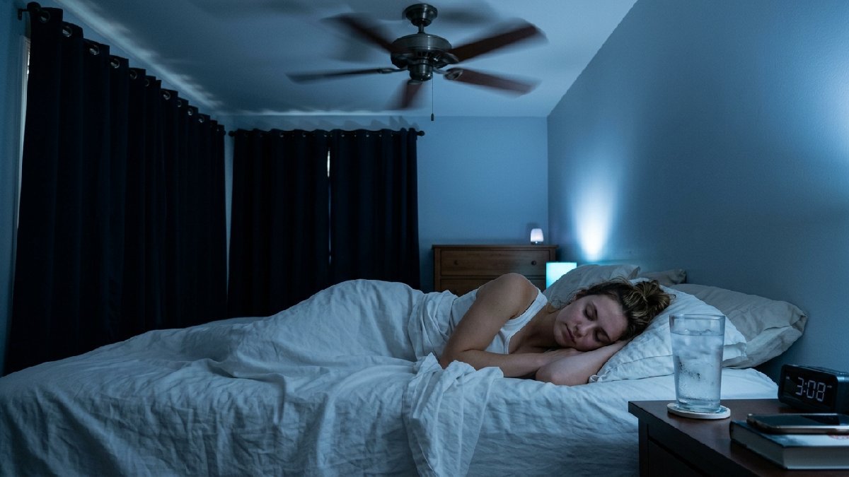 Person sleeping comfortably in cool bedroom with ceiling fan lightweight sheets and blackout curtains showing heatwave sleep comfort tips. 