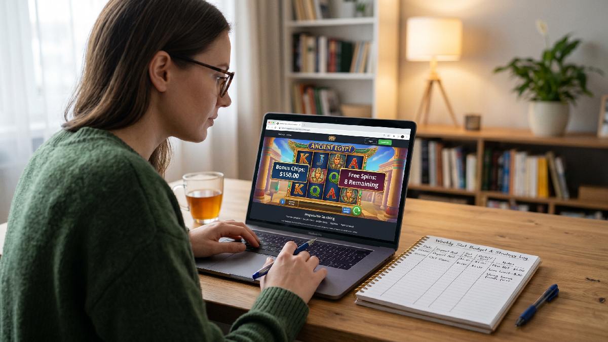Focused player managing online slot betting session with budget planner showing smart betting strategies to maximize slot wins responsibly.