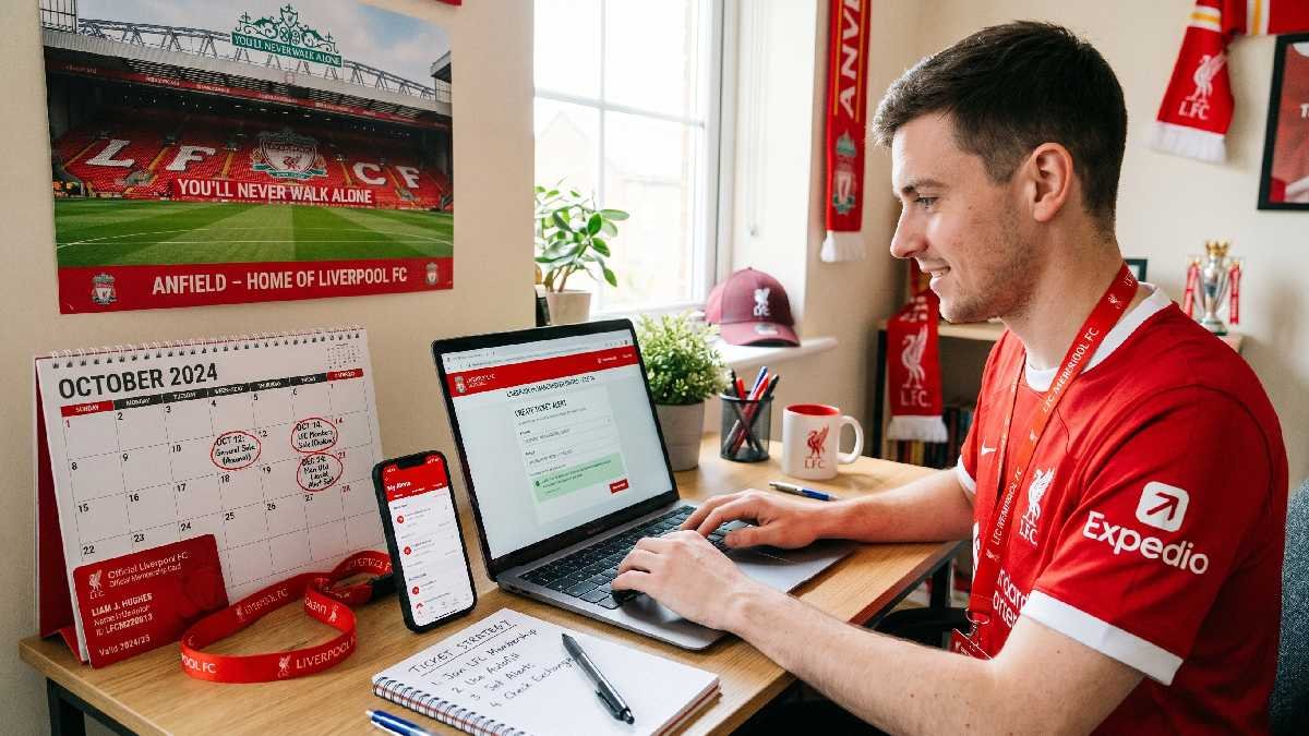 Liverpool FC fan setting up ticket price alerts on laptop with membership card and official app on phone.