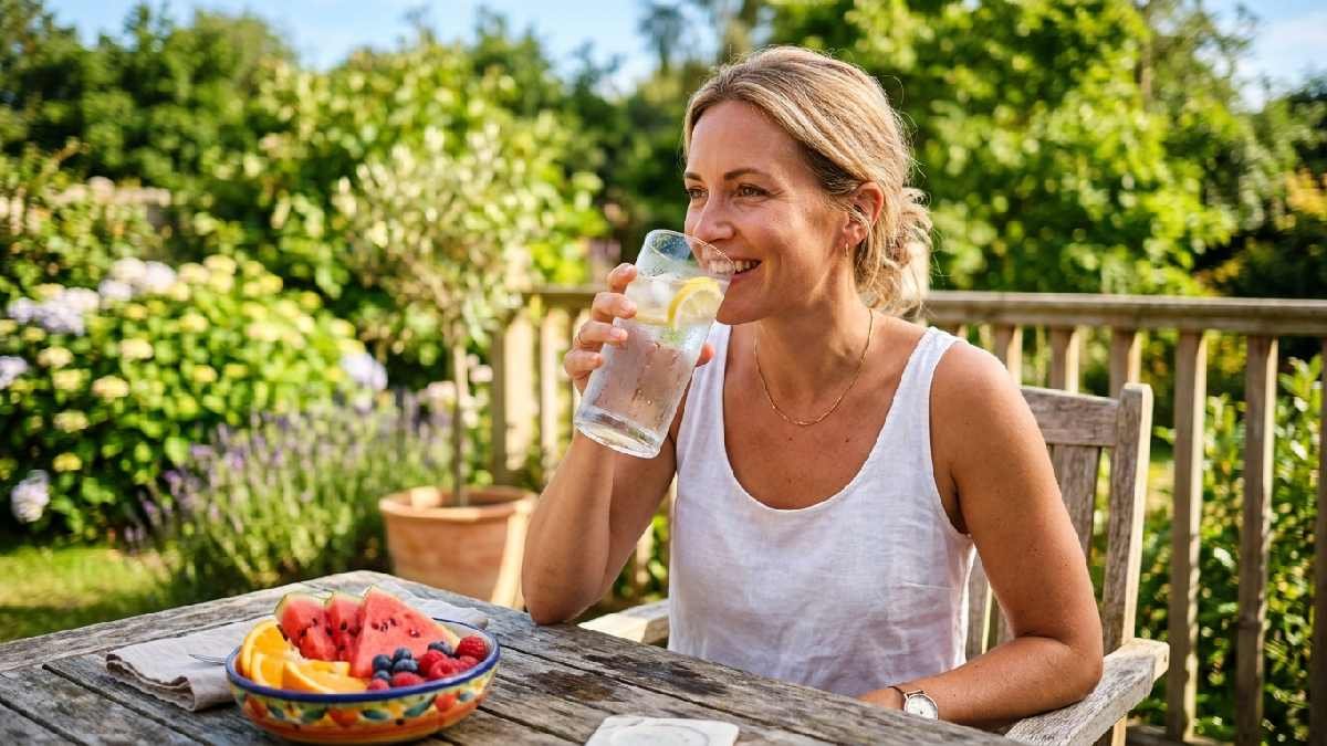Person drinking cold water with fresh fruits nearby showing how to stay hydrated and healthy through hot weather season. 