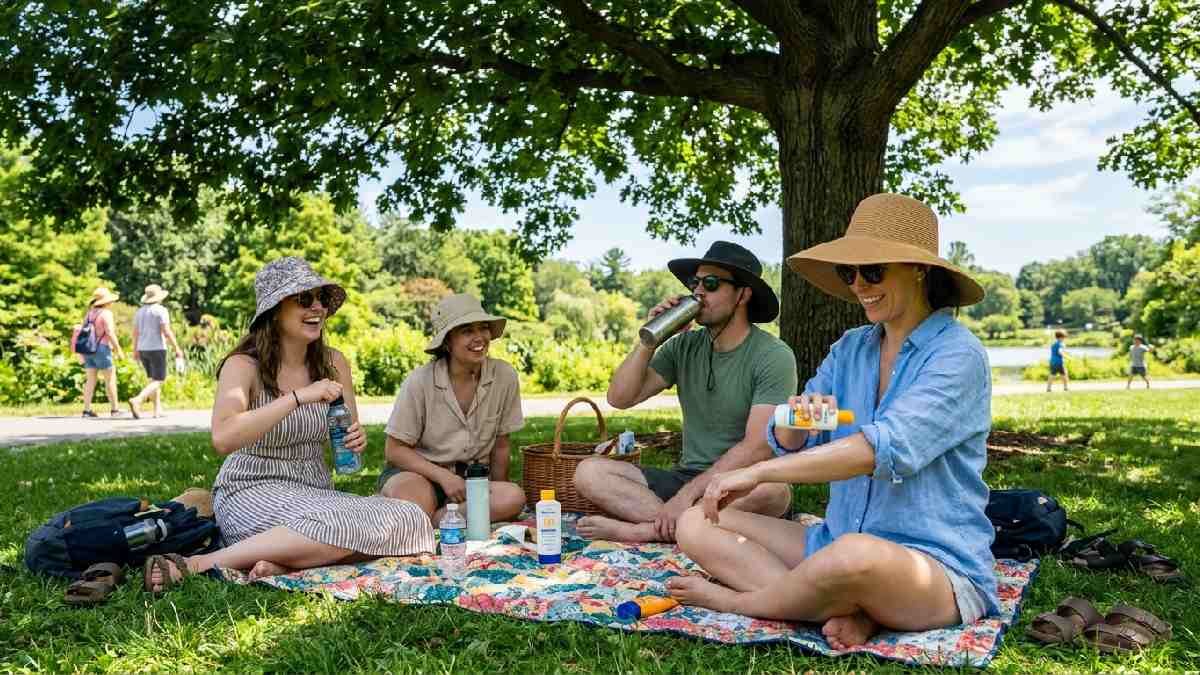 People wearing hats applying sunscreen and carrying water bottles in park showing how to stay safe during outdoor summer activities.