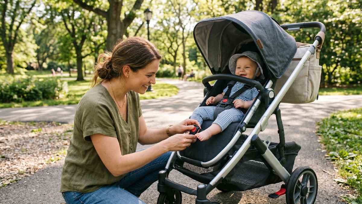 Mother safely buckling baby into a stroller with harness straps secured in a sunny outdoor park. 