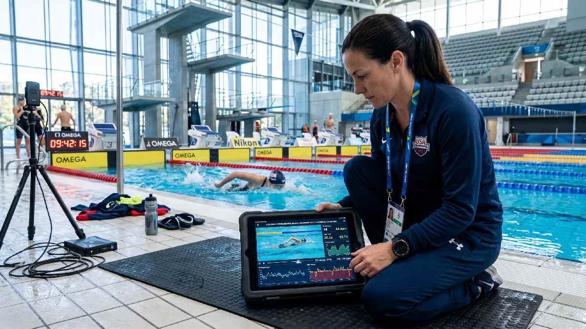 Swimming coach analyzing underwater footage on tablet at poolside while athlete trains in high-tech swimsuit.