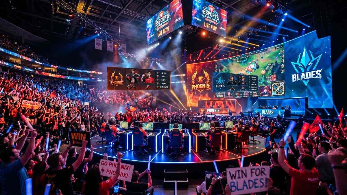 Professional esports players competing on stage in a packed arena with large LED screens and cheering fans. 