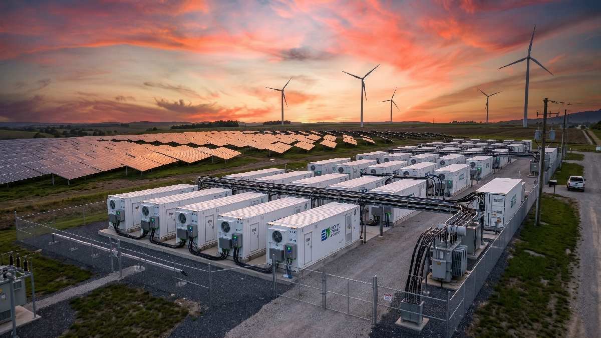Large battery storage units beside solar panels and wind turbines storing clean energy for later use on the grid. 