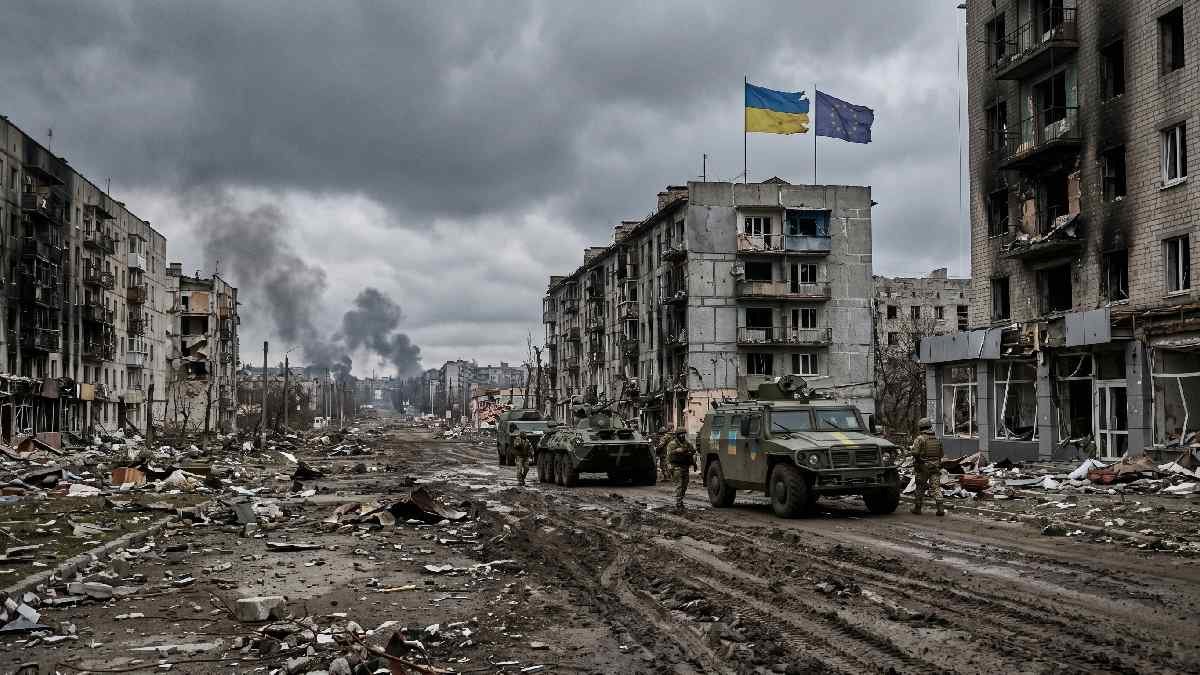 Devastated warzone with destroyed buildings and smoke representing the ongoing Russia Ukraine war situation and conflict in 2026.