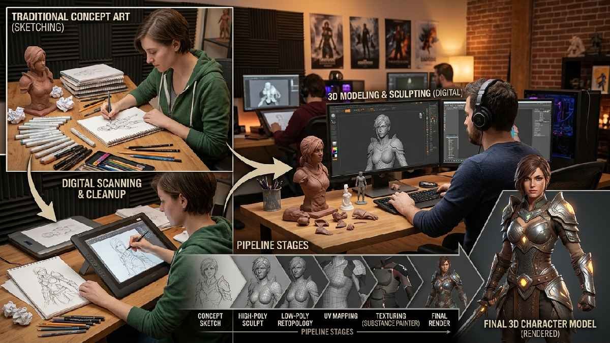 Traditional workflow from hand-drawn concept sketches through digital modeling and sculpting into final 3D character production pipeline process.