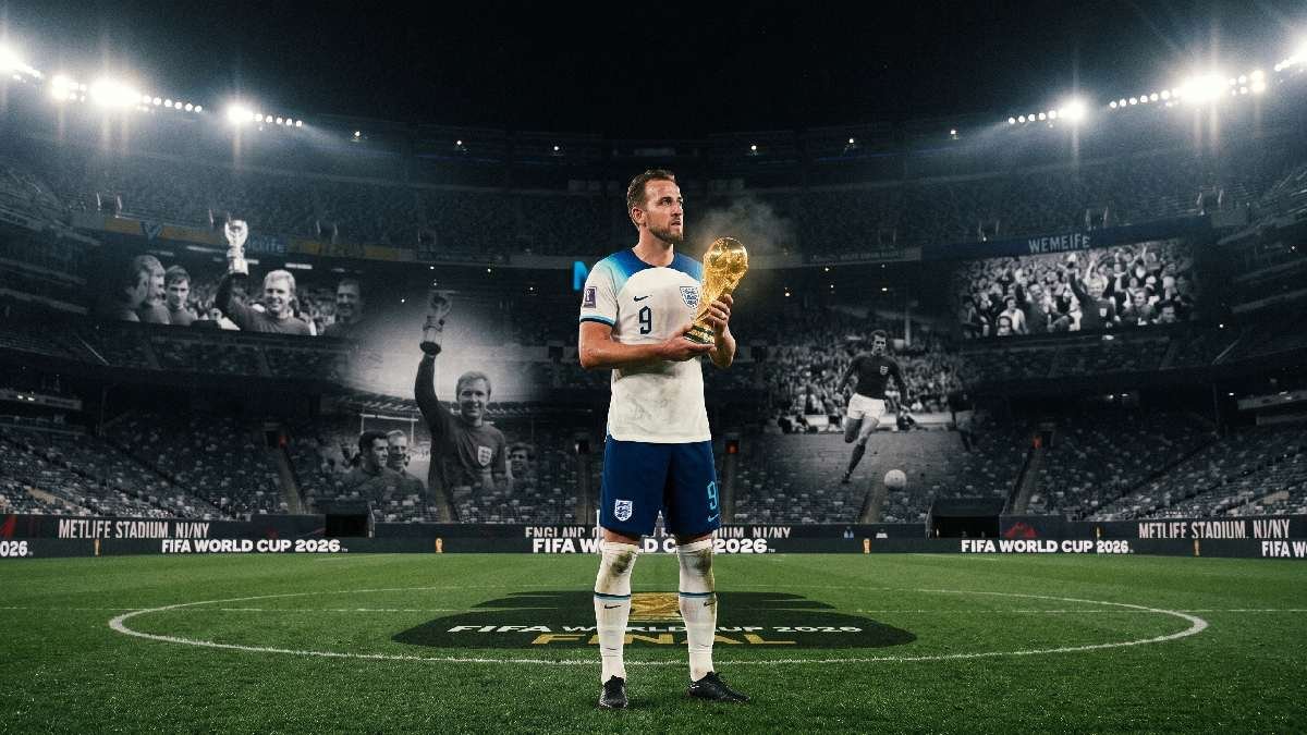 England player gazing at World Cup trophy on pitch with 1966 historical images fading in background at night.