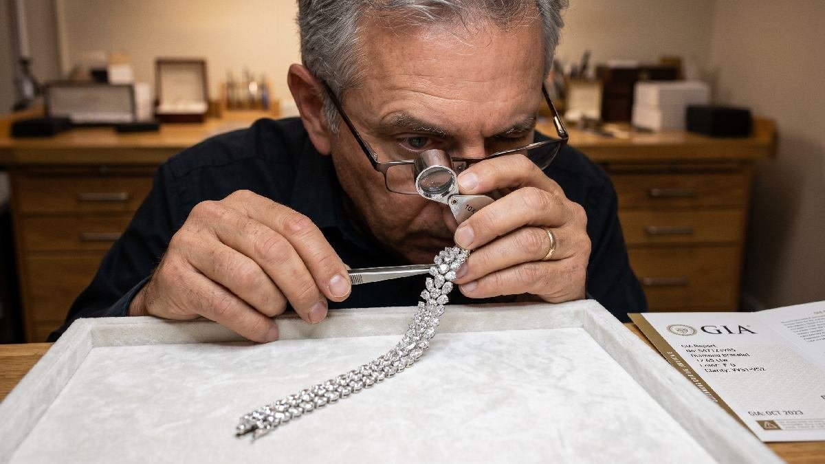 Jeweler using loupe to inspect diamond bracelet beside GIA certificate verifying authenticity and quality of real diamonds. 