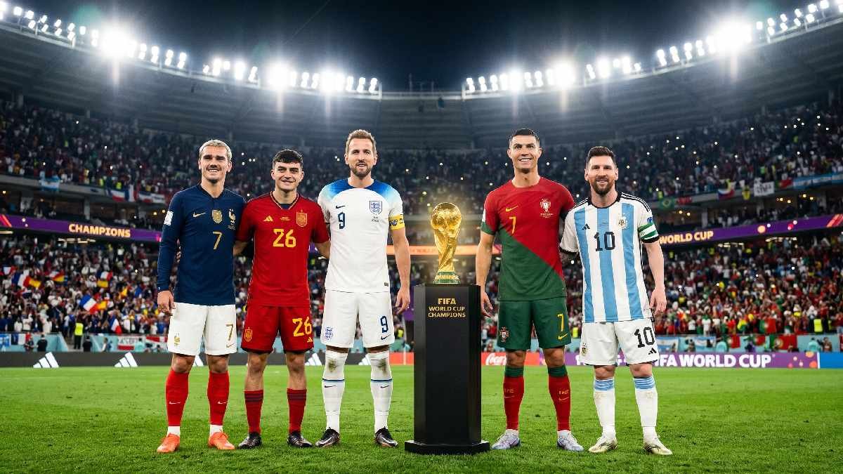 Cristiano Ronaldo with French, Spanish, English, and Argentine players standing beside the World Cup trophy representing the top favorite teams for 2026. 