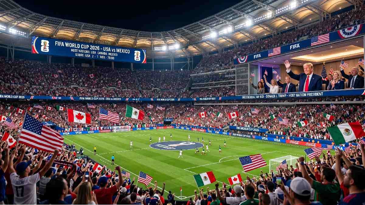 Trump in VIP box at packed FIFA World Cup 2026 stadium representing Trump and the 2026 FIFA World Cup event.