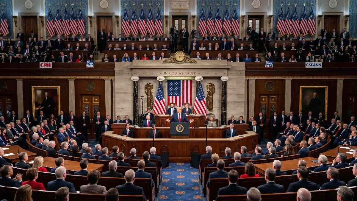 Trump delivering State of the Union address to packed Congress chamber representing Trump 2026 State of the Union address event.