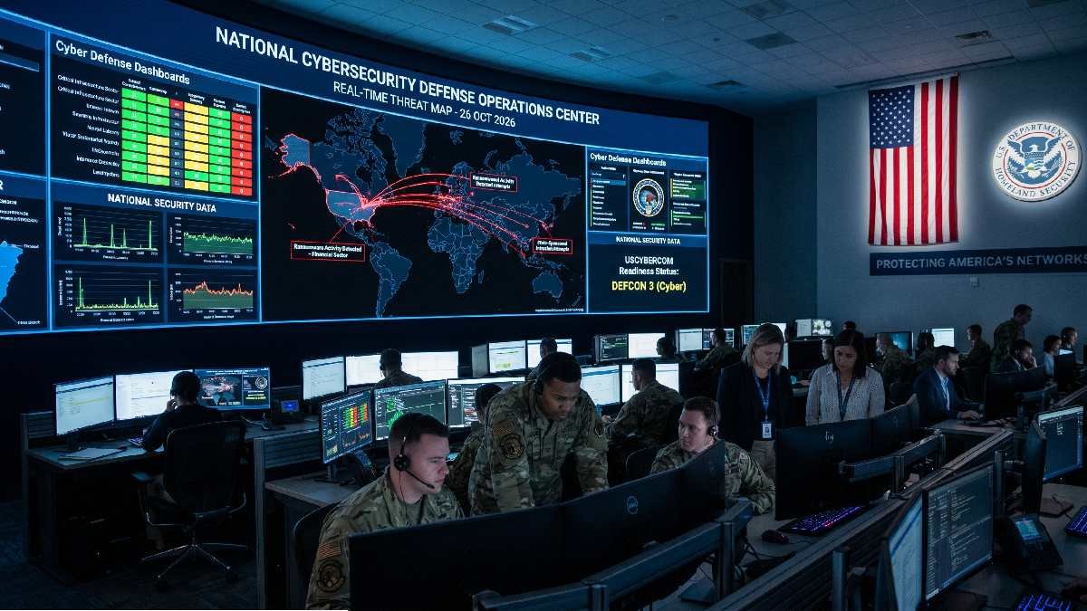 Cybersecurity operations center with threat maps and officials representing Trump cybersecurity and national security actions to protect America in 2026.