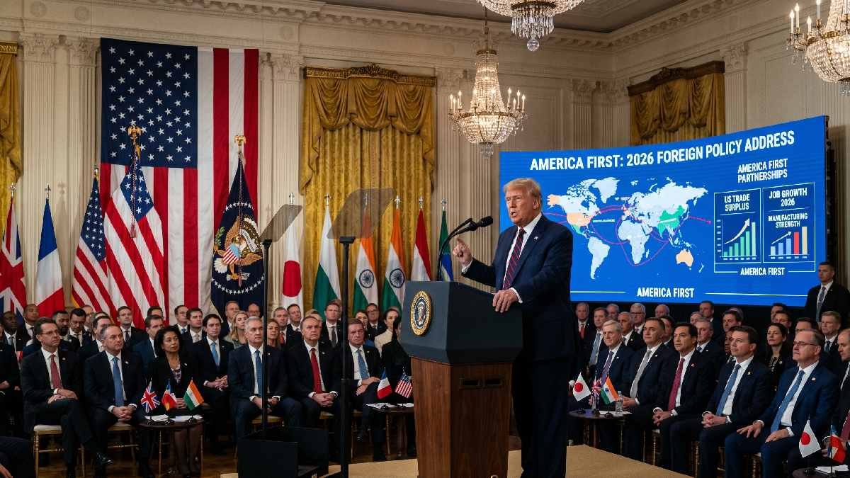 Trump at White House podium delivering foreign policy speech representing Trump major foreign policy decisions and America First approach 2026.