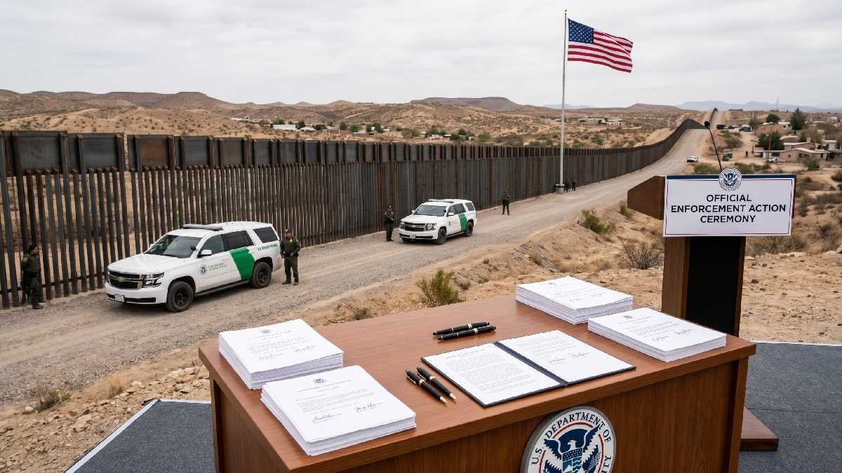 US southern border with security fence and Border Patrol vehicles representing Trump major immigration actions and enforcement investments in 2026.