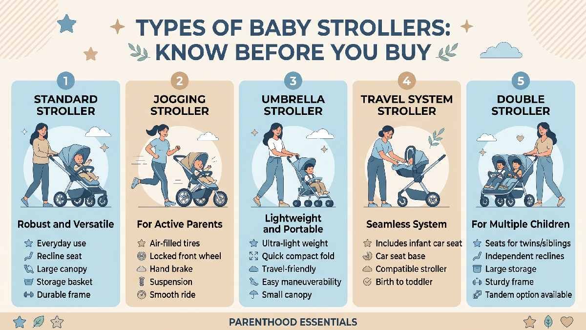 Types of Baby Strollers: Know Before You Buy. Compare standard, jogging, umbrella, travel, and double strollers for every family.
