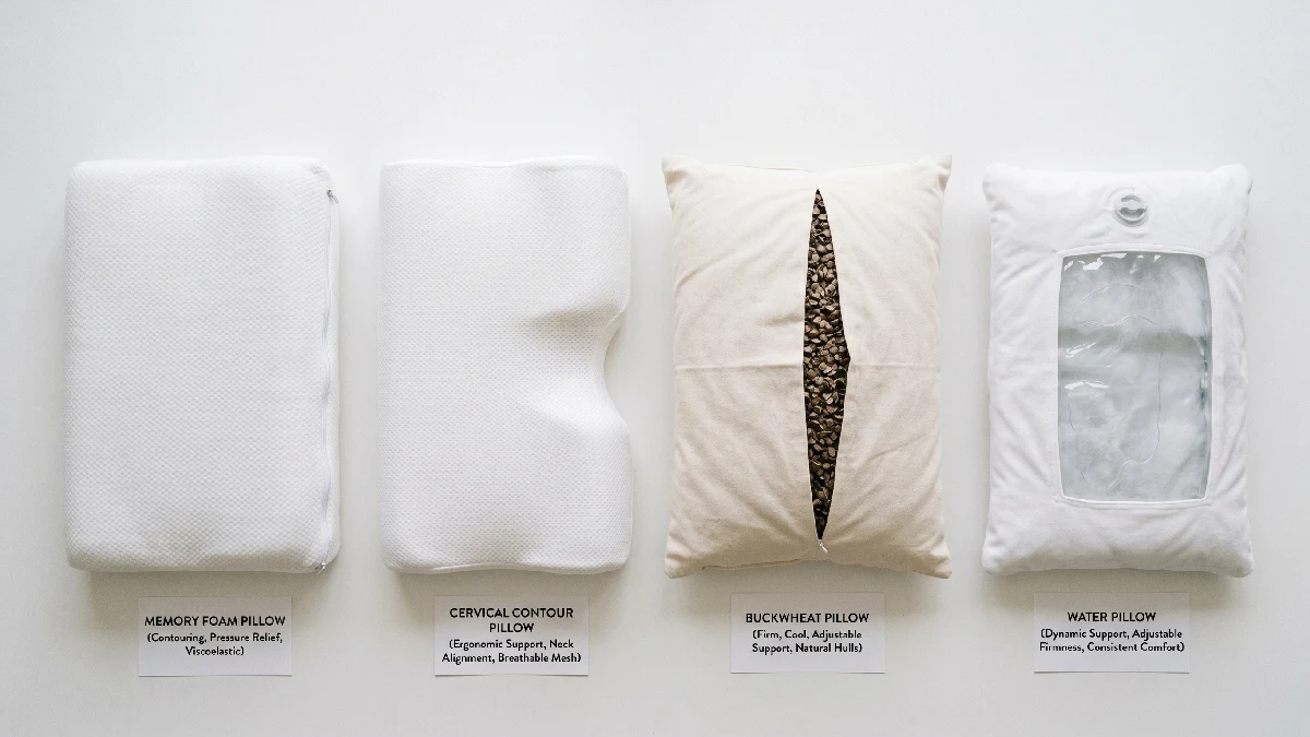 Four different types of neck pain relief pillows displayed side by side on a clean white background.