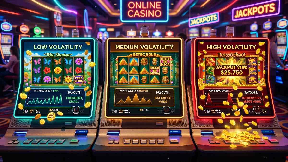 Three slot machines showing low medium and high volatility levels representing understanding slot volatility for better wins in slots.