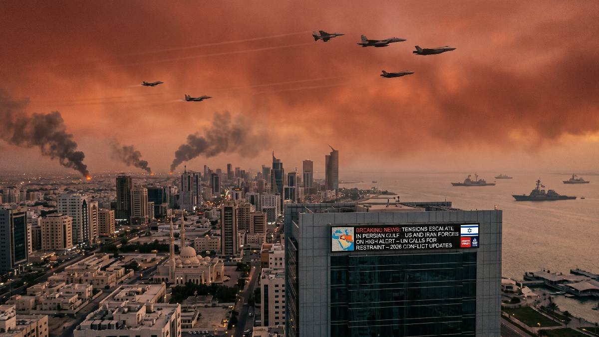 Military jets over Middle East skyline with explosion smoke representing United States and Iran military conflict and tensions in 2026.