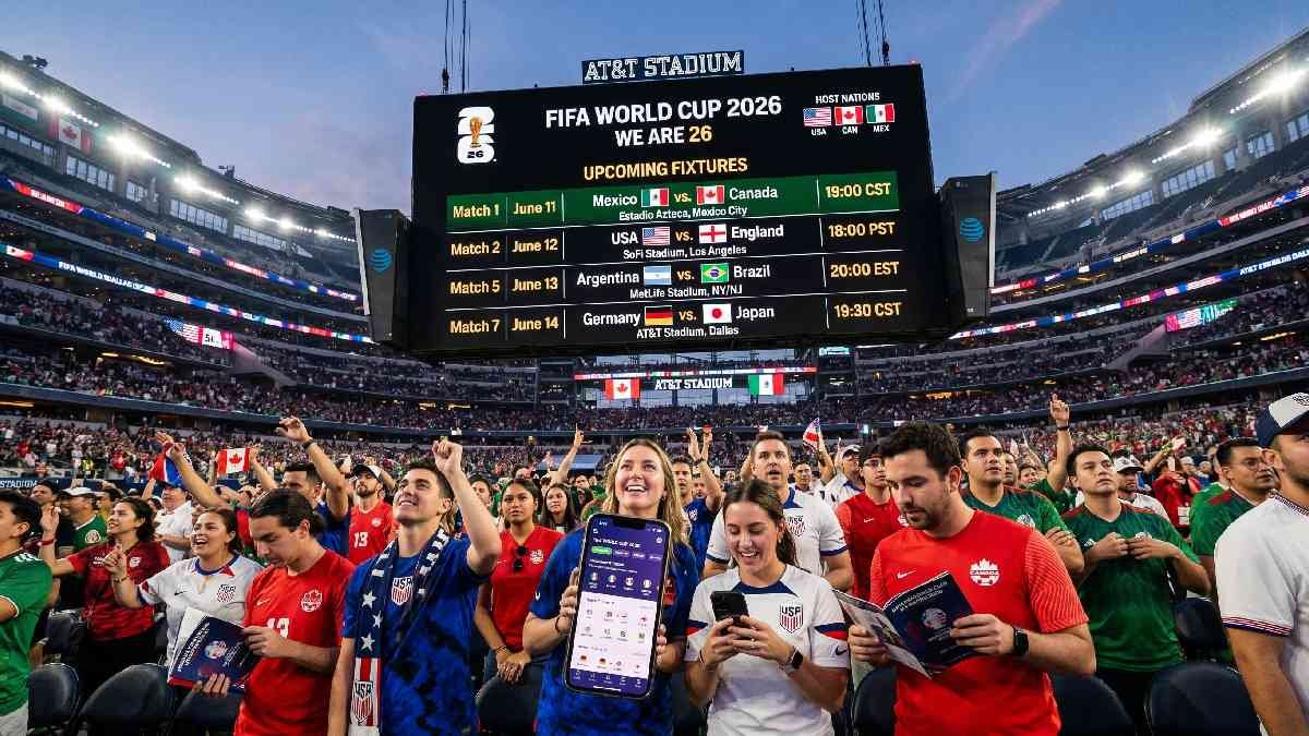  FIFA World Cup 2026 upcoming fixtures schedule on stadium screen showing match dates teams and venues across three host countries.