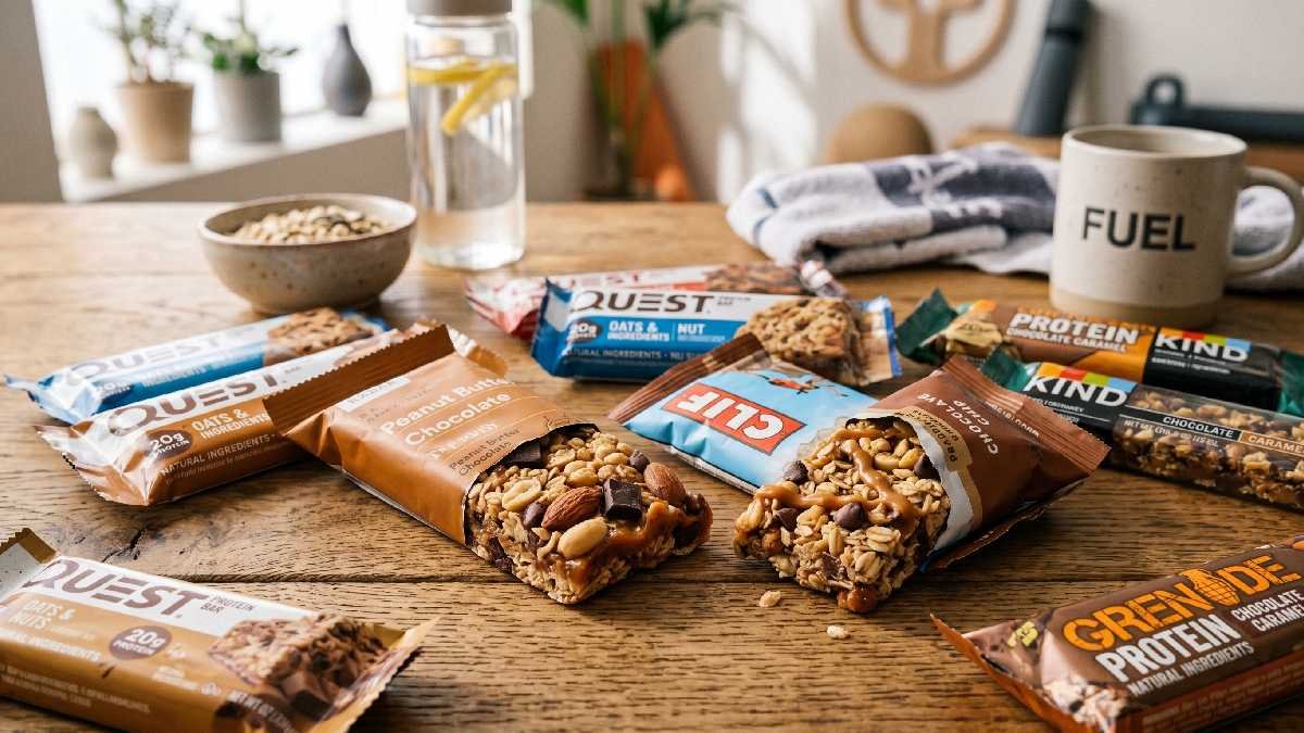Protein bars displayed on table showing healthy snacks packed with nuts, oats, chocolate, highlighting fitness and convenient nutrition options lifestyle