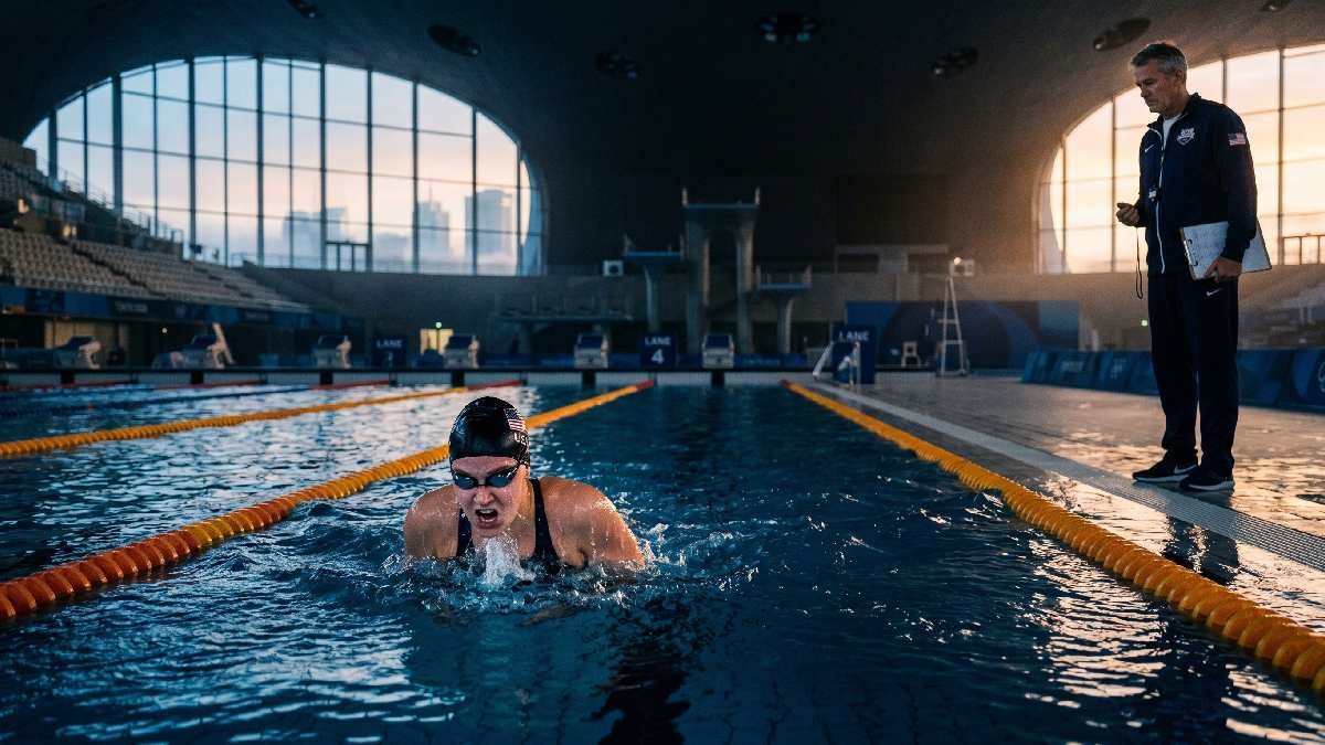 Young swimmer training alone in Olympic pool at early morning with coach watching from poolside.