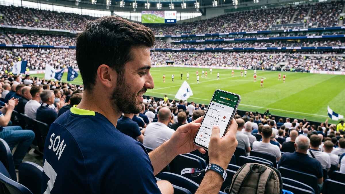 Football fan checking real time football livescore on smartphone app with live match scores visible on screen.