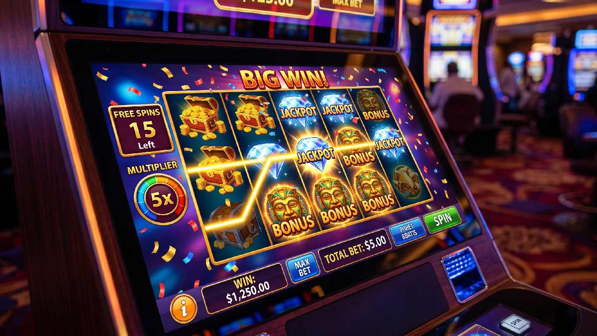 Glowing online slot machine screen with spinning reels and jackpot symbols representing online slot winning potential for smart players. 