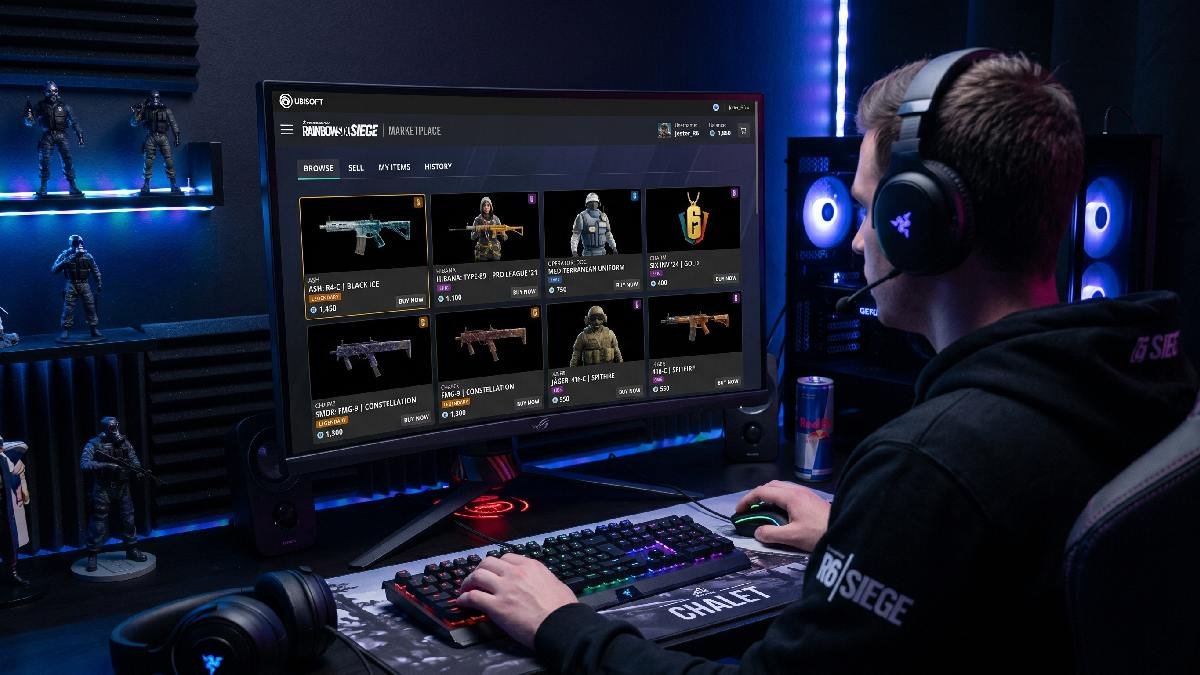 Gamer browsing R6 Marketplace in Rainbow Six Siege on gaming PC with rare skins displayed on screen.