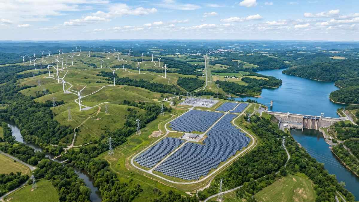 Wind turbines, solar panels, and a hydropower dam connected by power lines forming a clean, renewable energy grid. 