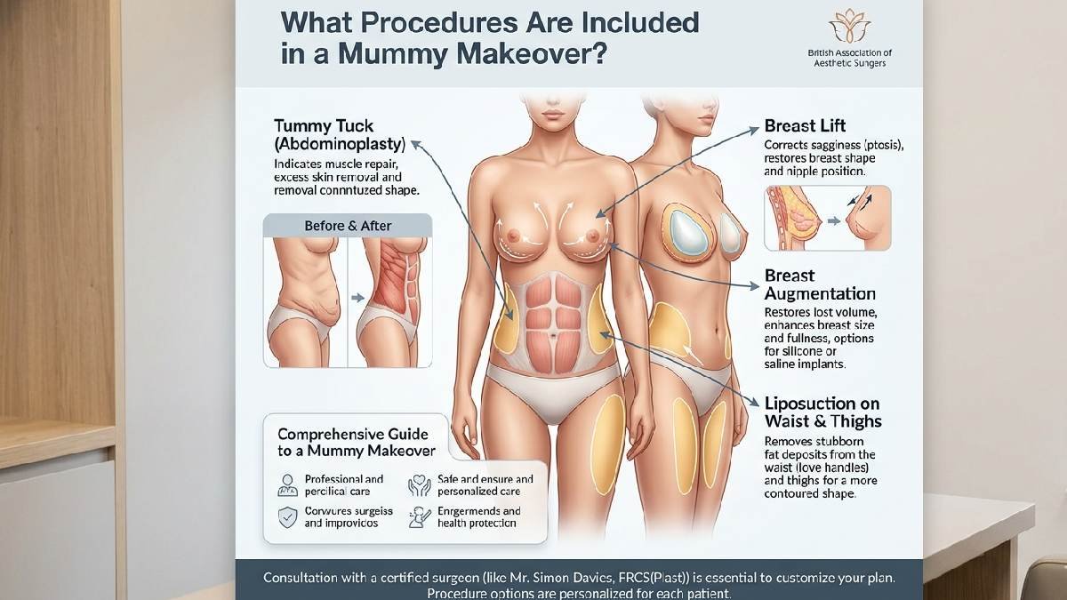 Mummy makeover procedures include tummy tuck breast lift augmentation liposuction body contouring post pregnancy cosmetic surgery combination treatment.