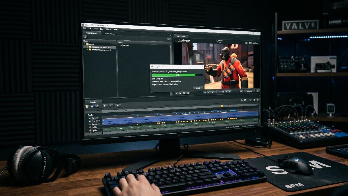 Source Filmmaker software screen showing SFM compile process running with 3D character model on timeline.