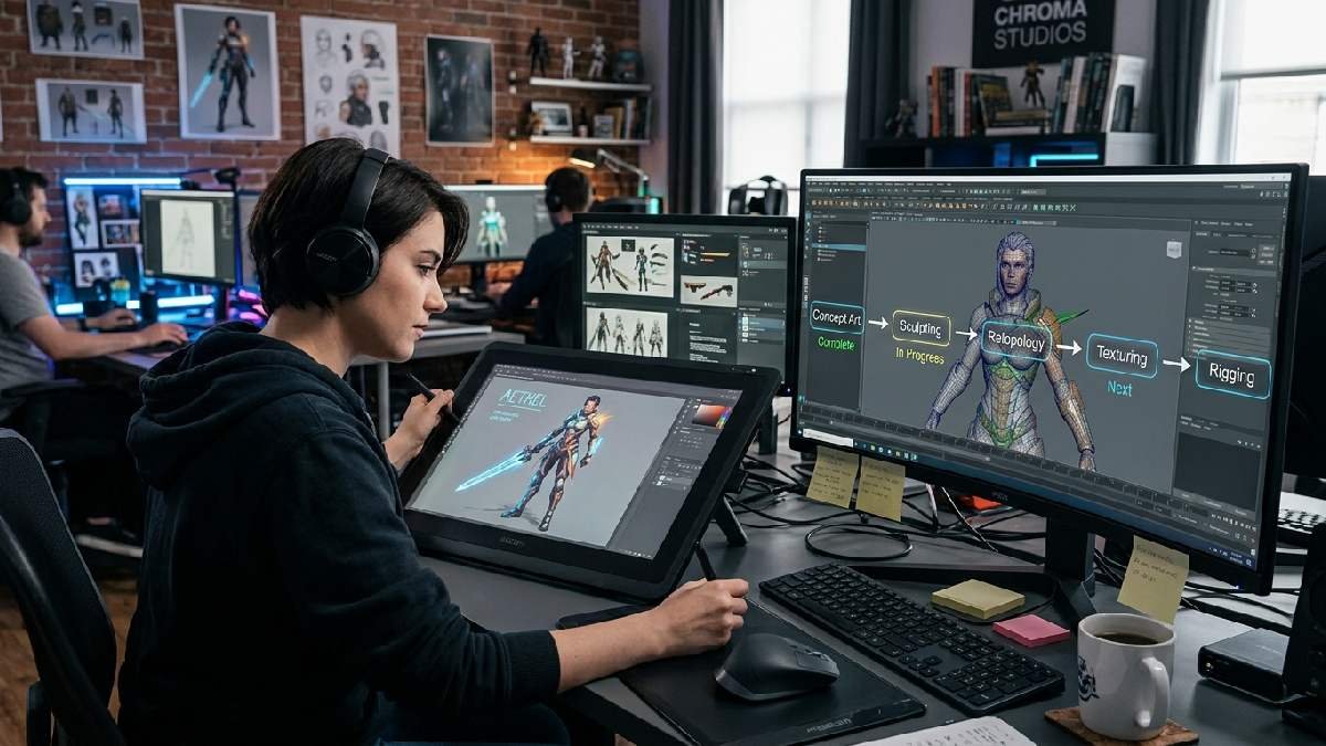 Concept artist transforming sketches into 3D models using digital pipeline tools in a modern professional game development studio environment.