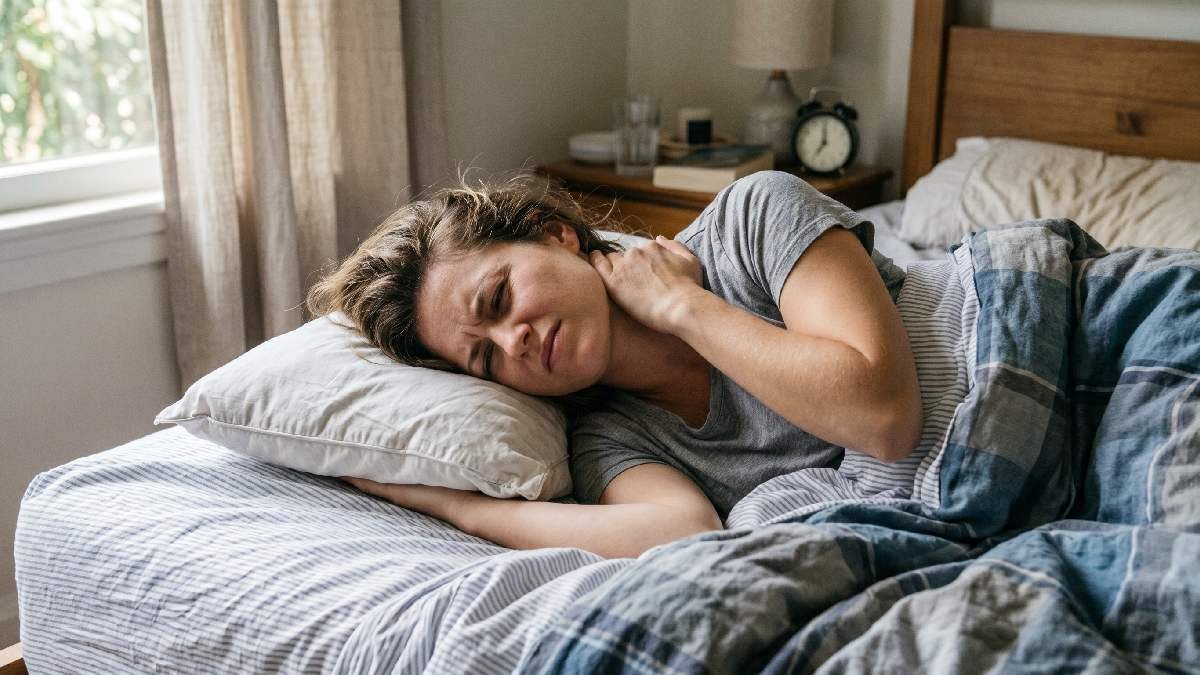 Person waking up in bed holding neck in pain with a flat worn-out pillow beneath their head.