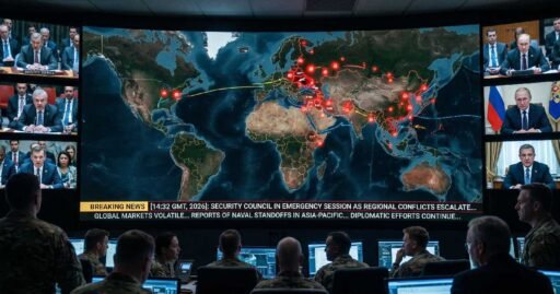 Global conflict map with hotspots across Ukraine, the Middle East, and Asia representing the World War 3 latest news 2026 situation.