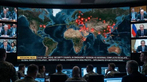 Global conflict map with hotspots across Ukraine, the Middle East, and Asia representing the World War 3 latest news 2026 situation.