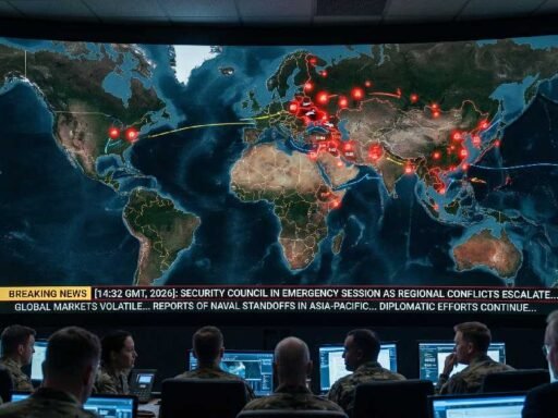 Global conflict map with hotspots across Ukraine, the Middle East, and Asia representing the World War 3 latest news 2026 situation.