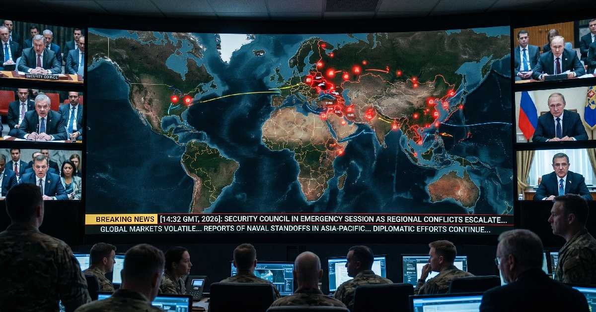 Global conflict map with hotspots across Ukraine, the Middle East, and Asia representing the World War 3 latest news 2026 situation.
