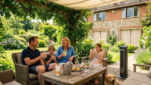 British family relaxing safely in shaded garden with cold drinks and fan showing complete. Your UK summer survival guide for staying cool.