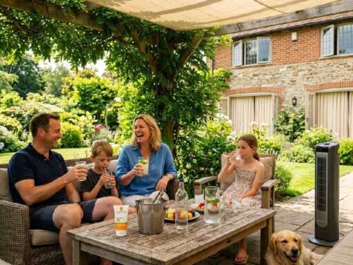 British family relaxing safely in shaded garden with cold drinks and fan showing complete. Your UK summer survival guide for staying cool.