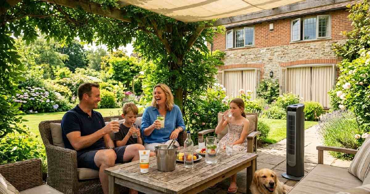 British family relaxing safely in shaded garden with cold drinks and fan showing complete. Your UK summer survival guide for staying cool.
