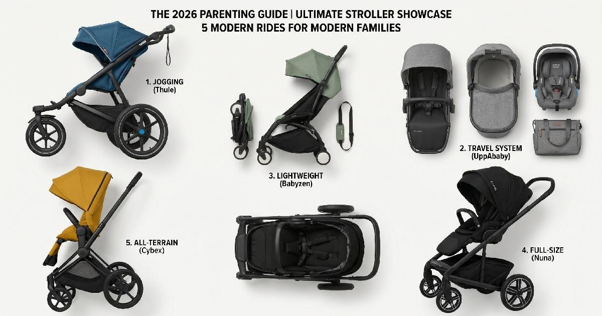 Five top-rated baby strollers of 2026 displayed together representing a complete parent buying guide.