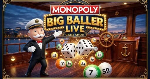 Monopoly Big Baller Online for South Africans featuring official game logo with dice bingo balls and sailor hat on riverboat background.