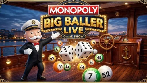 Monopoly Big Baller Online for South Africans featuring official game logo with dice bingo balls and sailor hat on riverboat background.