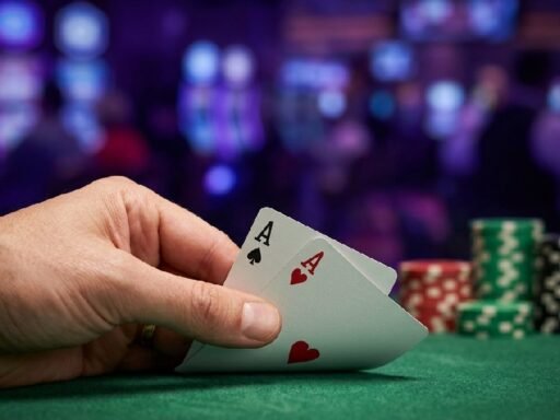 Hand holding two Ace cards over a green felt poker table with colorful chips showing poker in the UK casino style.